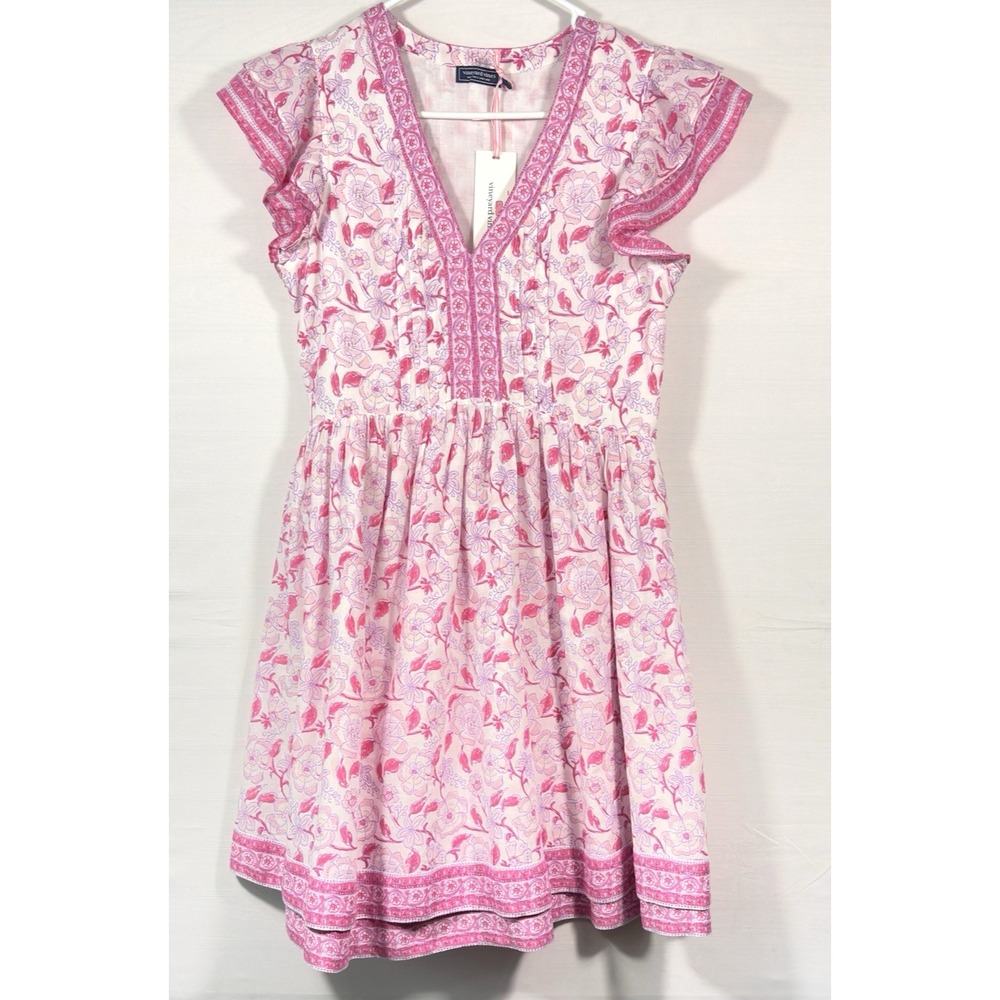 Vineyard Vines Pink Floral Block Print V-Neck Flutter Sleeve Mini Dress NWT